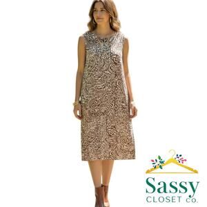 Chico’s Travelers Swirl Print Dress White Brown Pockets Stretch Size 0 Small